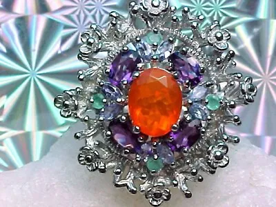 🔥 NATURAL MEXICAN FIRE OPAL RING AAA++ 10X8mm & AMETHYST & EMERALD  925 SS • $42.99