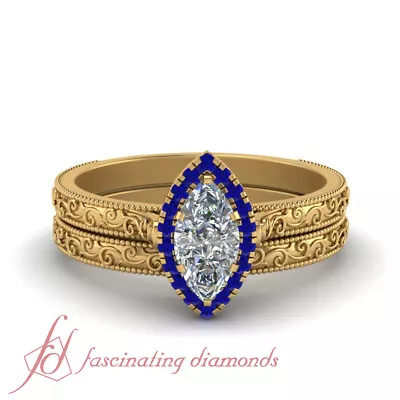 Marquise Cut Diamond With Sapphire Accents Vintage Halo Wedding Set 0.65 Karat • $2580.99