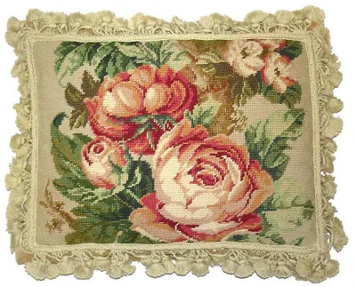 Wool Needlepoint Throw Pillow Pink Cabbage Roses And Green Leaves Cushion 14x18 • $188.76