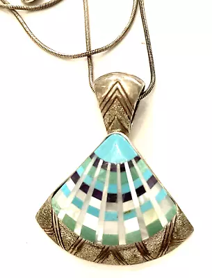 Sterling Silver .925 Navajo Turquoise Amethyst Abalone Inlay Pendant Signed R • £28.15