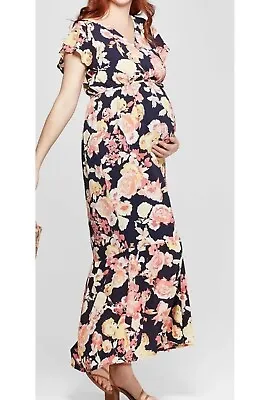 Isabel Maternity Womens Maxi Dress Size Med Black Pink Floral Flutter Sleeve • $14.25