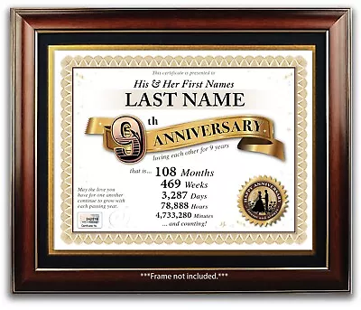 PERSONALIZED HAPPY 9th WEDDING ANNIVERSARY CERTIFICATE - 9 Years PRESENT GIFT • £14.45