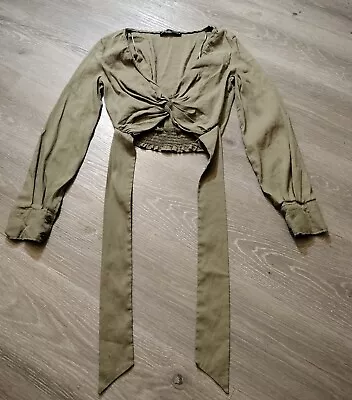 Zara Olive Green  Front Tie Long Sleeve Crop Top W/ Side Zip Size XS  • $12