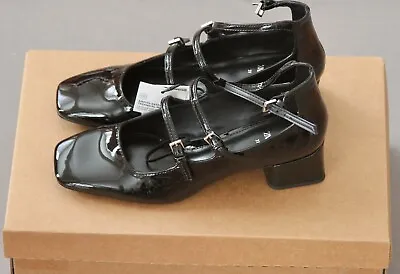 ZARA Patent Black Leather Mary Jane Block Heel Ankle Strap Square Toe *S 6 1/2 M • $60