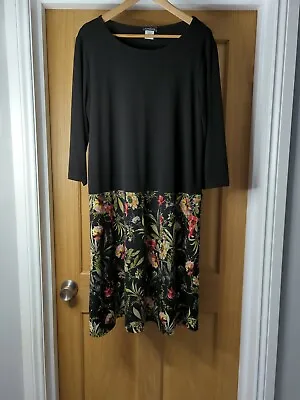 £17.50 • Buy KIM & CO Black Floral Midi Stretch Dress 3/4 Sleeves Size XL