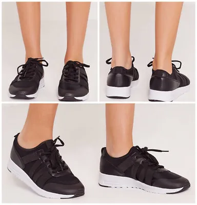 £6.99 • Buy MISSGUIDED Elastic Strap Lace UpTrainer Shoes In Black Colour 