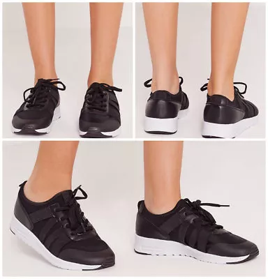 £6.99 • Buy MISSGUIDED Elastic Strap Lace UpTrainer Shoes In Black Colour 