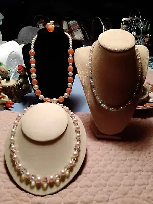 3 Bright Shiny Vintage Necklaces. Made With Swarovski  Pearls And Crystals  • $9.99