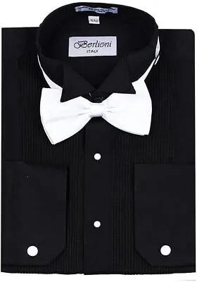 Berlioni Italy Men's Tuxedo Dress Shirt Wingtip Collar Bow-Tie Black • $26.24