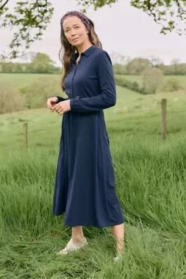 Seasalt Cornwall Siren Call Magpie Navy Collared Maxi Dress UK 16 Prairie Boho • £54.99