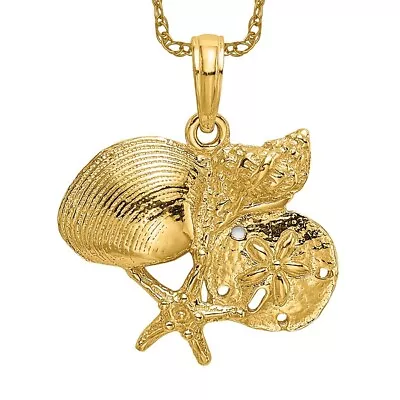 14K Yellow Gold Shell Starfish Sand Dollar Sea Star Starfish Necklace Charm ... • $564