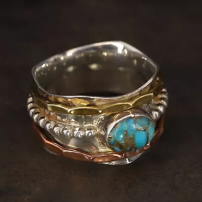 VTG Sterling Silver - INDIA YS Turquoise Pebbled Spinner Band Ring Size 10 - 9g • $7.50