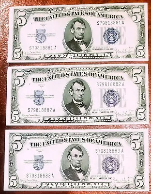 1934-d $5 Silver Certificate - One Note Of 3 Consecutive Gem Crisp Uncirculated • $52.99