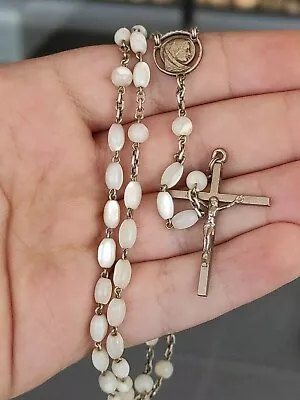 Antique Mother Of Pearl Rosary Stone Metal Cross Beads Vintage Christianity  • $103