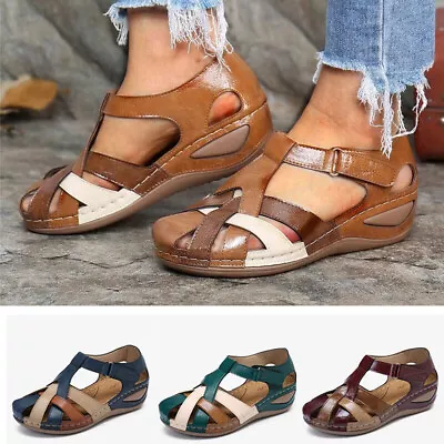 Ladies Closed Toe Sandals Womens Summer Ankle Strap Wedge Comfort Walking Shoes • £15.99