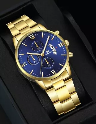 Gold Mens Dual Display Watch With Black Dial And Gold Bracelet (imitation Gold) • £19.99