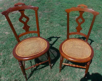 Pair Of Walnut Carved Caned Seat Side Chairs / Dinette Chairs  (BM-PR17) • $499