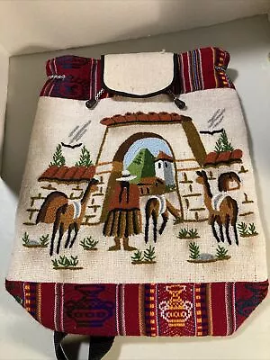 Mexican Look Woven Backpack Aztec Multicolored Adobe Horses Lady 16” X 13” • $22.73