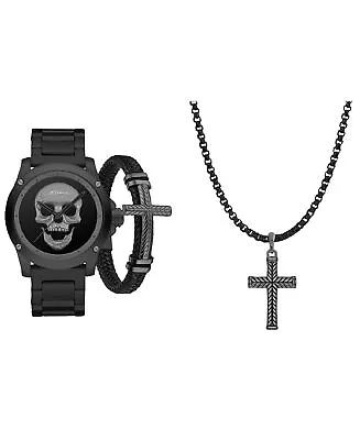 Ed Hardy Men's Matte Black Metal Bracelet Watch 46mm Gift Set • $24.99