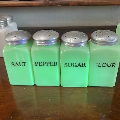 4 Vintage McKee JADITE Jadeite Square Range Salt Pepper Sugar Flour Uranium Glow • $350