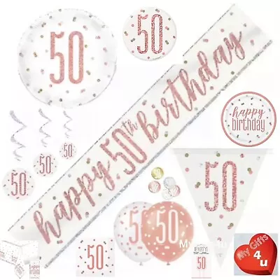 Rose Gold Age 50th & Happy Birthday Party Decorations Buntings Banners Balloons • £2.50