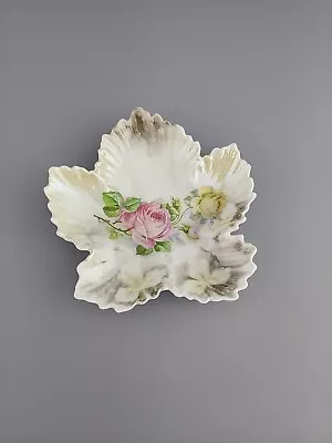 Vintage Leuchtenburg Germany Leaf Shaped Candy Trinket Dish Pink Roses • $13.50