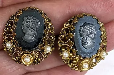 West Germany  Vintage Hematite Cameo Clip On Earrings Filigree Faux Pearl Signed • $49