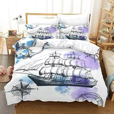 Watercolor Navigation Sailboat Bedding Set Queen Quilt/Doona Cover Pillowcase • £28.13