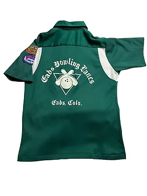 Vintage 70s Hilton Bowling Shirt Colorado Size Medium Chain Stitch Green Patches • $57.59