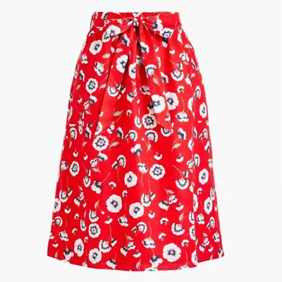 J. Crew Women's Linen Printed Skirt Size Large Red Poppy Floral Belted Pockets  • $23.80