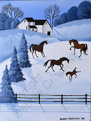Original Folk Art Painting Landscape Winter Horses Snow Farmhouse Blue Foal Baby • $15.50