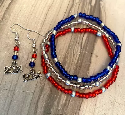 4th July Patriotic Glass Seed Bead Bracelet Set And 2024 Earrings Red White Blue • $12.47