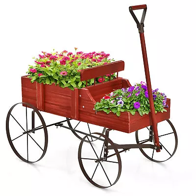 Garden Plant Planter Wooden Wagon Planter W/ Wheel Garden Yard Red • $44