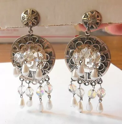 Vintage Taxco Signed AFG Sterling 925 Disc Earrings Crystal Pearl Dangles 85mm • $65