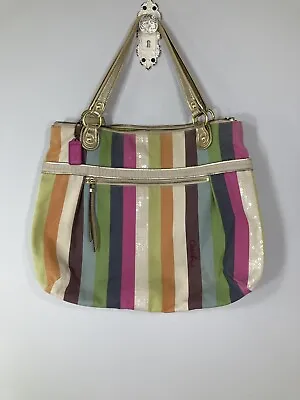 COACH 19021  Poppy Legacy Stripe Glam Sequin Tote Bag Gold Leather Trim • $39.99