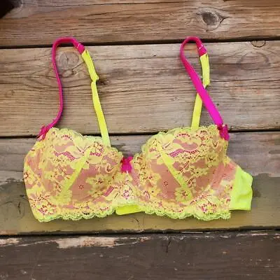 34C Mimi Holliday Sheer Lace Bright Green Lace Hot Pink Underwire • $34