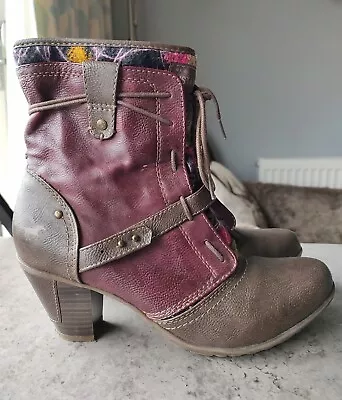 Mustang Burgundy + Brown Faux Leather Lace Up Ankle Boots 7 41 - Please Read • £4.99