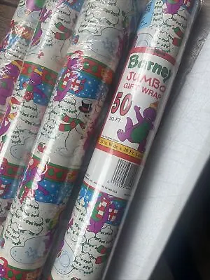 1 Vintage Barney & Snowman Christmas Wrapping Paper 1993 Gift Wrap 20' Roll NOS • $39.90