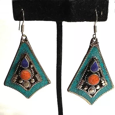 Ethnic Boho Turquoise Coral Lapis Dangle Earrings SilverTone Nepal Tibetan Style • $18.74