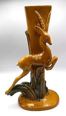 Royal Haeger R706 Prancing Gazelle Antelope Tall Vase 15  Brown Drip Glaze USA • $85.50