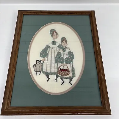 Vtg P Buckley Moss Framed Amish Counted Cross Stitch SISTERS 1970's Double Matte • $49