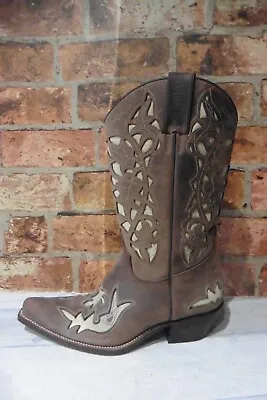 £149.99 • Buy Sancho Brown / Beige Embossed Leather Cowboy Boots Size 6 / 39 Pointed Toe