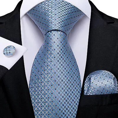 DiBanGu Light Blue Plain Checks Men Silk Tie Necktie Hanky Cufflinks Gift Party • £8.81