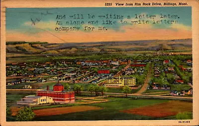 Vintage Postcard View From Rim Rock Drive Billings Montana Linen 1944 Postmark • $10