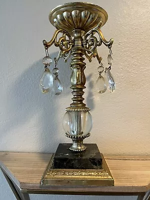 Ornate Metal Candle Holder WITH MARBLE BASE Prisms  10.5”Tall  X 4” At Base • $32.99