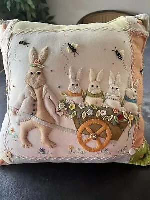 Primitive Felt Rabbit Appliqué Stitched Pillow Farmhouse Easter Spring 15x15 • $12