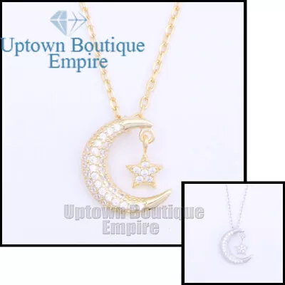 925 Sterling Silver Moon And Star Cubic Zirconia Pendant Necklace *003 • $17.98