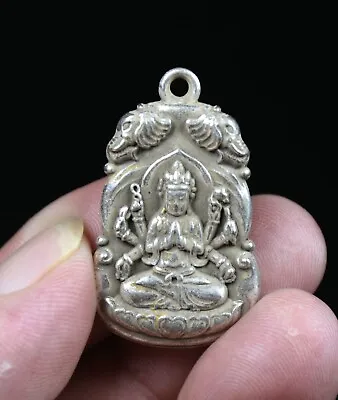 3.5CM Old China Miao Silver Feng Shui 8 Arms Guanyin Kwan-yin Elephant Pendant • $19.90