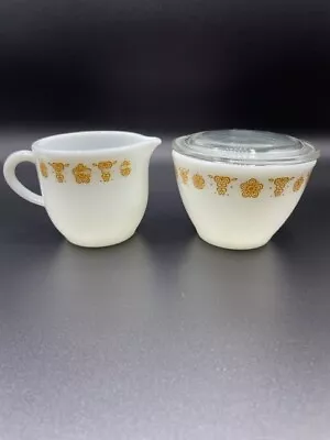 Vintage Pyrex Butterfly Gold Creamer And Covered Sugar Bowl • $24.99