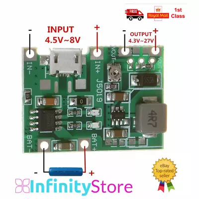Battery Charger Board 18650 Lithium Li-ion 3.7V 4.2V Step Up Boost Module TP4056 • £3.95